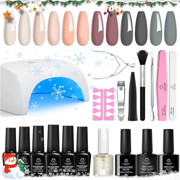 Nail Polish Kit with U V Light Base Gel Top Coat 6 Colors 21 Pcs Nude Gray Pink